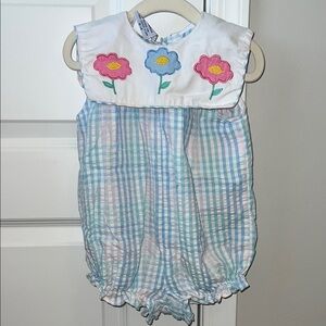 VINTAGE Plaid Baby Romper with Floral Embroidery